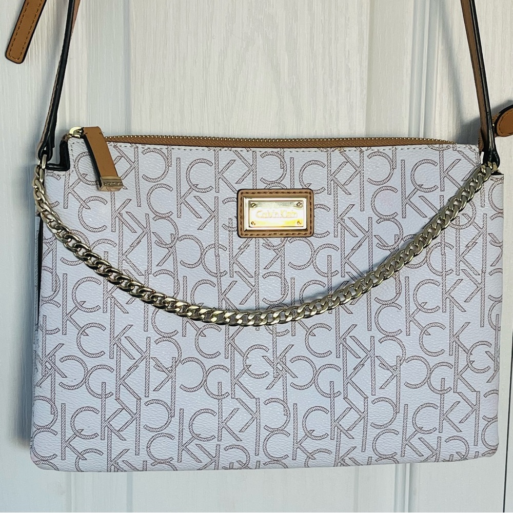 Calvin Klein Women's CK Logo Print Allover Crossbody Bag White Brown CLEAN - Picture 2 of 10